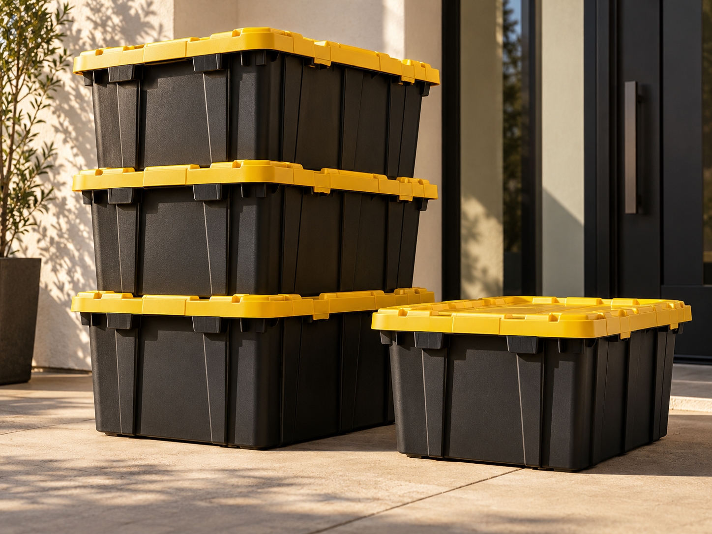 THAT TOTE CO. moving totes with black bodies and yellow lids